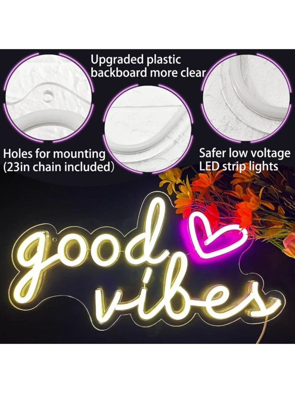 Good Vibes Neon Wall Sign - 16x8in USB LED Light for Bedroom, Party, Home Decor